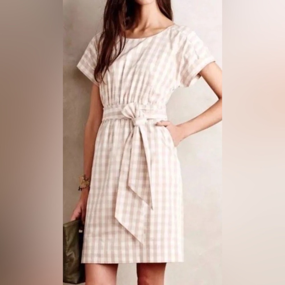 Anthropologie HD in Paris Tan Gingham Boatneck Cotton Sheath Dress 2 NWT